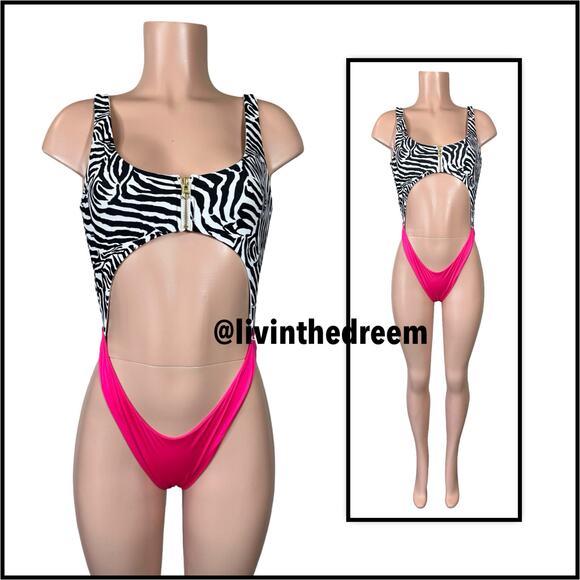 Beach Bunny Kelly Monokini One Piece Zebra Stripe and Barbie Pink SZ L $170 - Picture 7 of 17